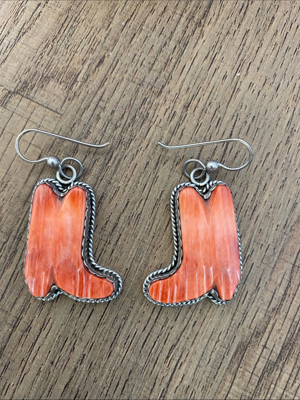 Joan Slifka Sterling Orange Spiny Oyster Cowgirl Boots Dangle Earrings Handmade